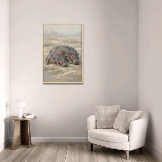 Mother Hippo and Calf Resting Together - Oak Framed Canvas Wall Art - Sofa - 24x36