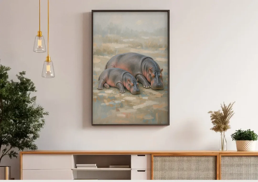 Mother Hippo and Calf Resting Together canvas wall art above a wooden sideboard under pendant lights