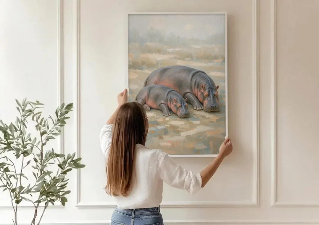Mother Hippo and Calf Resting Together canvas wall art being hung on a paneled wall