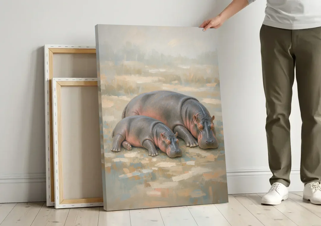 Mother Hippo and Calf Resting Together canvas wall art leaning against a wall next to blank canvases