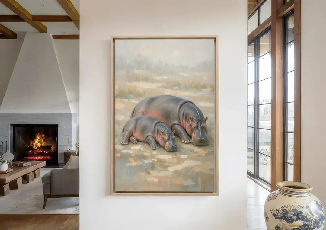 Mother Hippo and Calf Resting Together canvas wall art in a living room with a fireplace