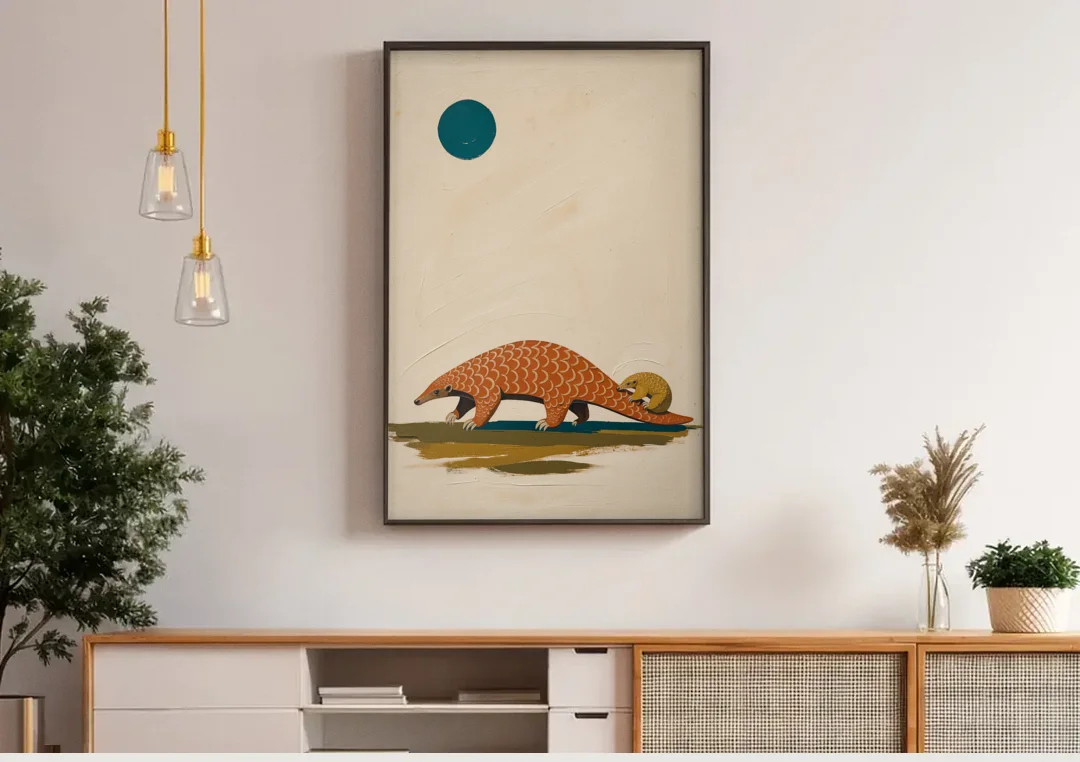 Mother Pangolin Carrying Her Baby on Her Tail canvas wall art above a wooden sideboard under pendant lights