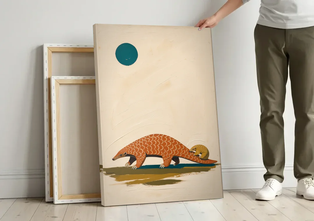 Mother Pangolin Carrying Her Baby on Her Tail canvas wall art leaning against a wall next to blank canvases