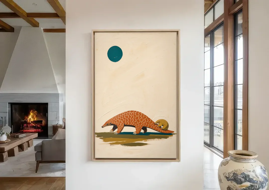 Mother Pangolin Carrying Her Baby on Her Tail canvas wall art in a living room with a fireplace