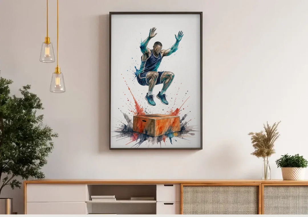 Motivational Gym Wall Art Box Jump at the Peak canvas wall art above a wooden sideboard under pendant lights