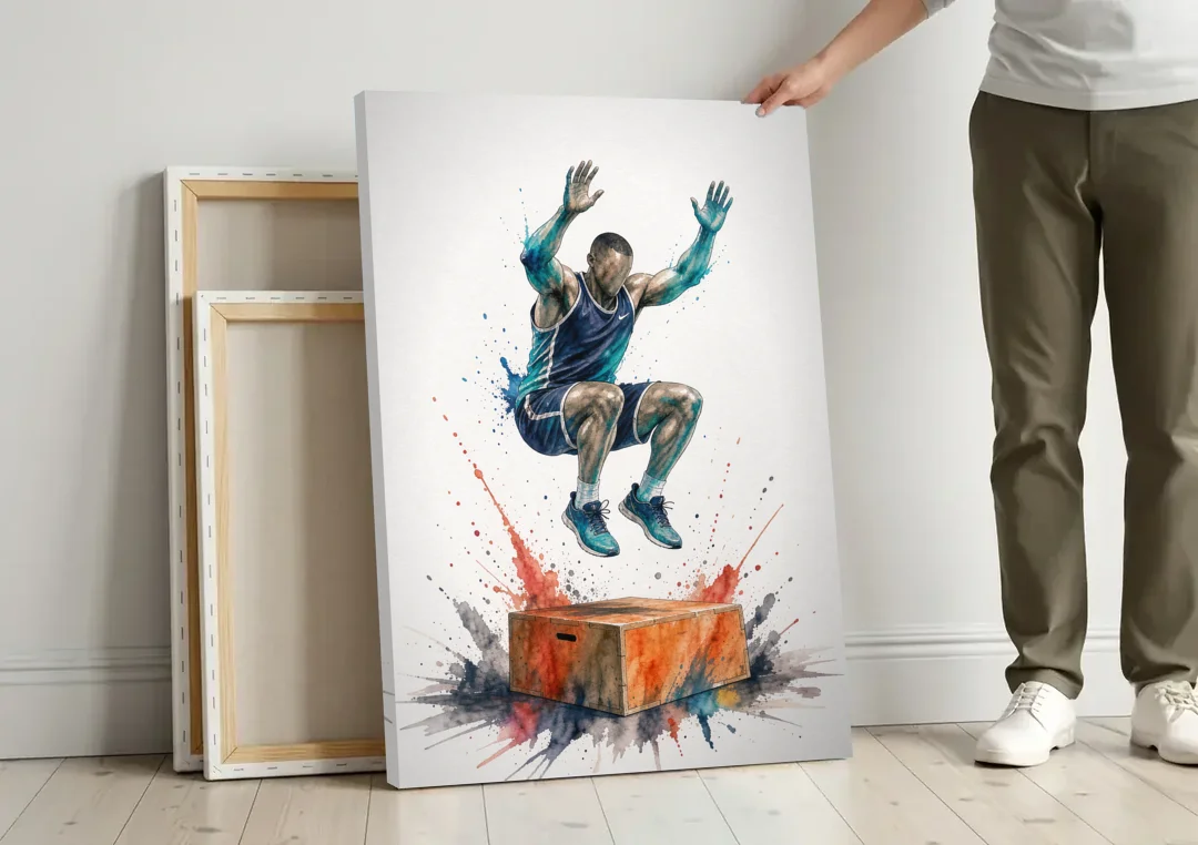 Motivational Gym Wall Art Box Jump at the Peak canvas wall art leaning against a wall next to blank canvases