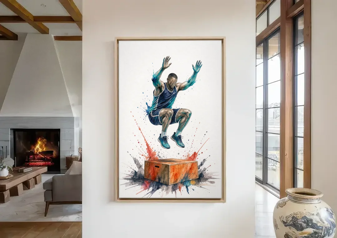 Motivational Gym Wall Art Box Jump at the Peak canvas wall art in a living room with a fireplace