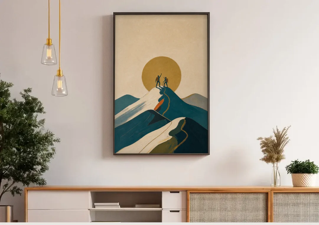 Motivational Wall Art for Office Teams at the Summit canvas wall art above a wooden sideboard under pendant lights
