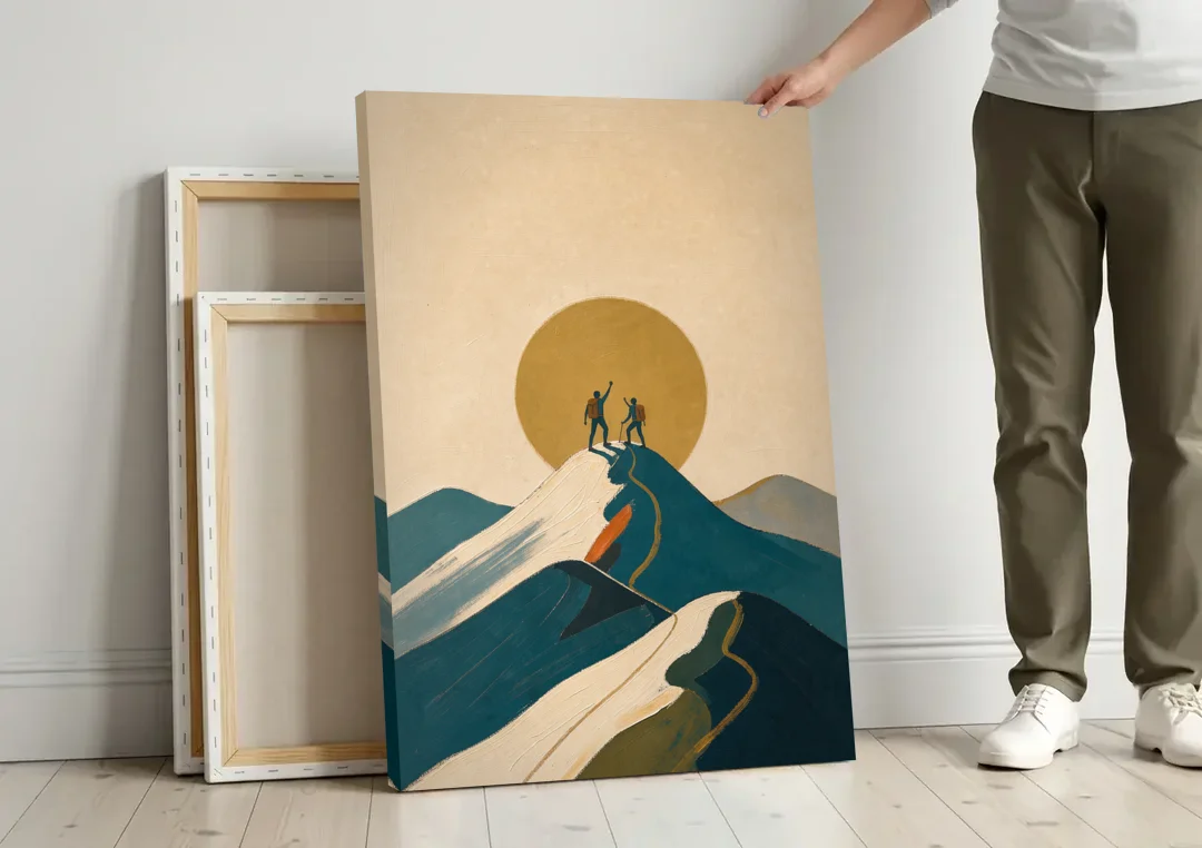 Motivational Wall Art for Office Teams at the Summit canvas wall art leaning against a wall next to blank canvases
