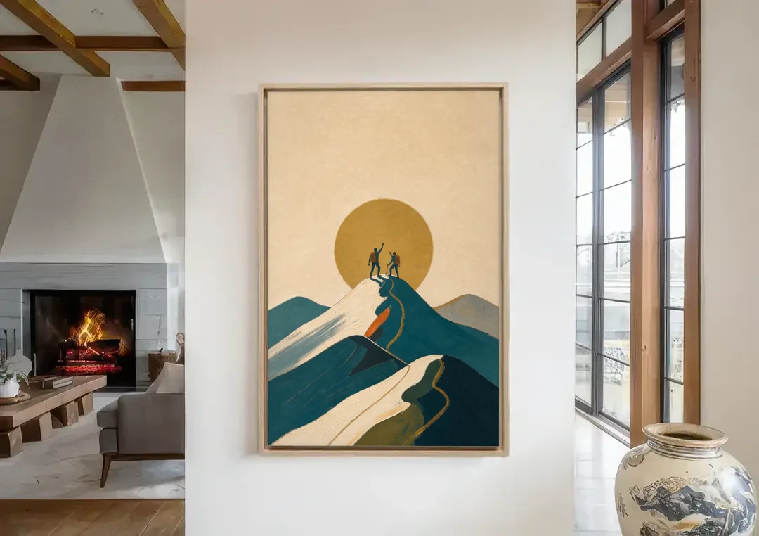 Motivational Wall Art for Office Teams at the Summit canvas wall art in a living room with a fireplace