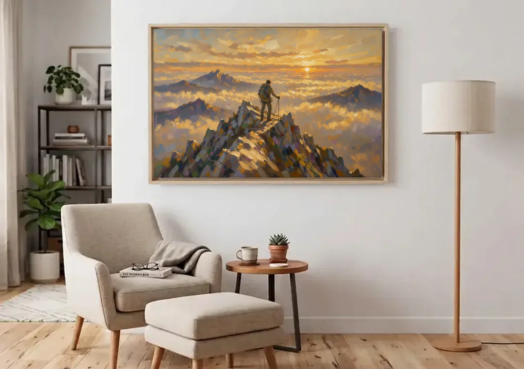 Motivational Wall Art of a Climber at Summit Dawn canvas wall art above an armchair in a bright living room