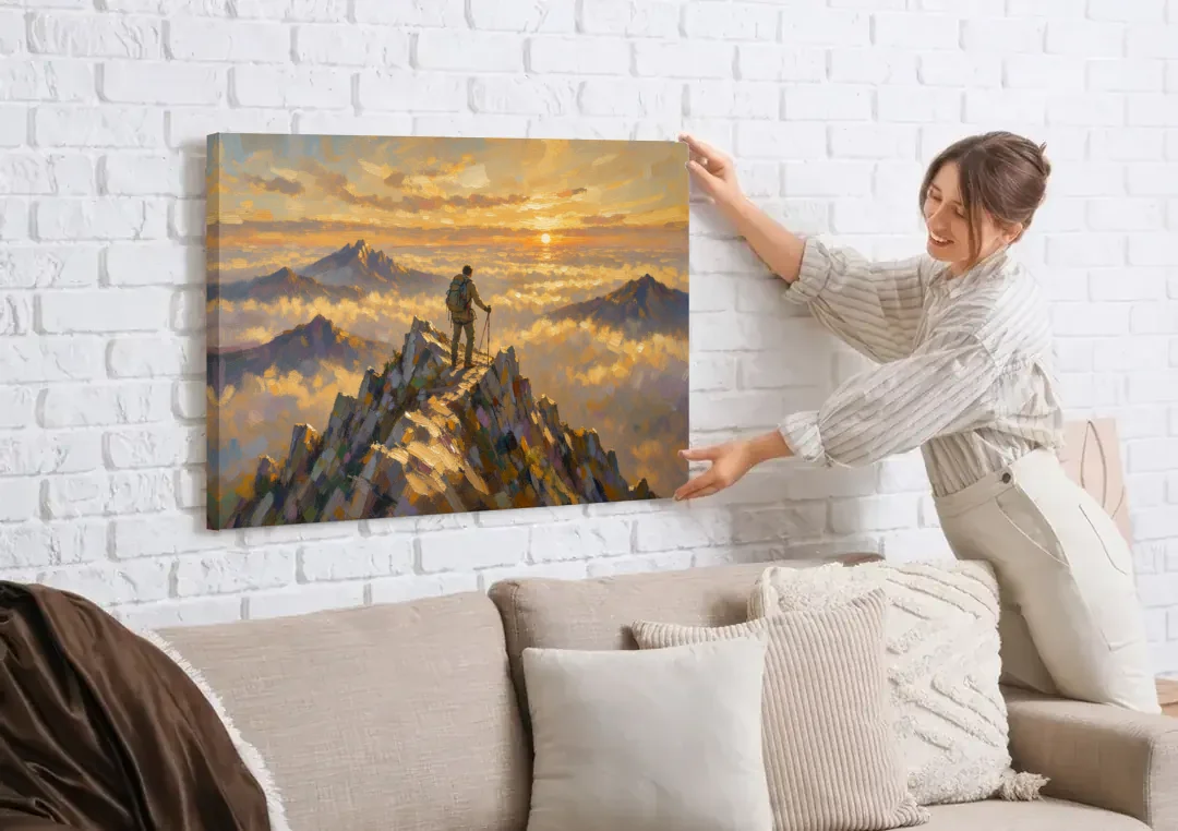 Motivational Wall Art of a Climber at Summit Dawn canvas wall art being hung on a white brick wall above a sofa