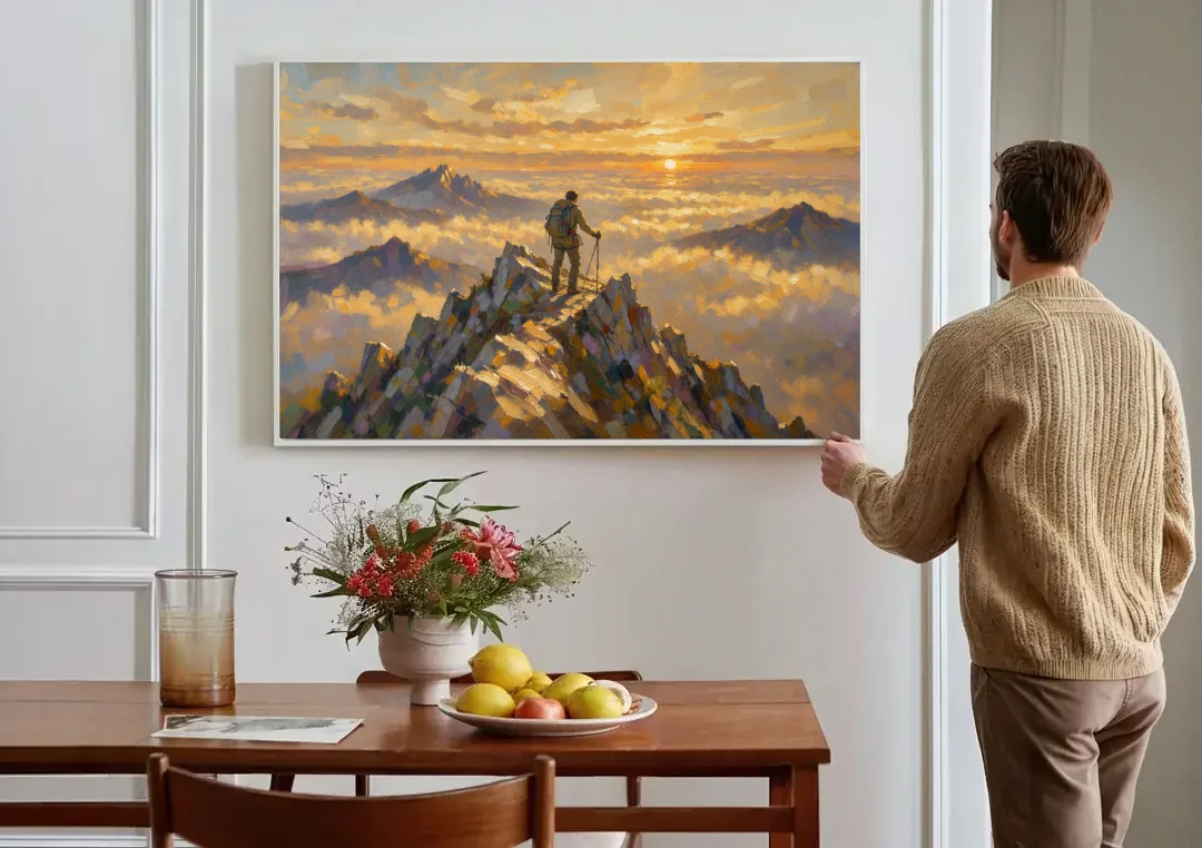 Motivational Wall Art of a Climber at Summit Dawn canvas wall art above a dining table
