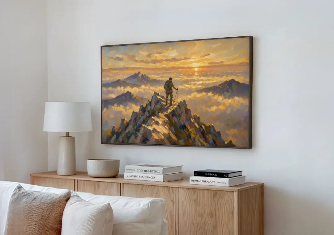 Motivational Wall Art of a Climber at Summit Dawn canvas wall art above a wooden sideboard next to a sofa