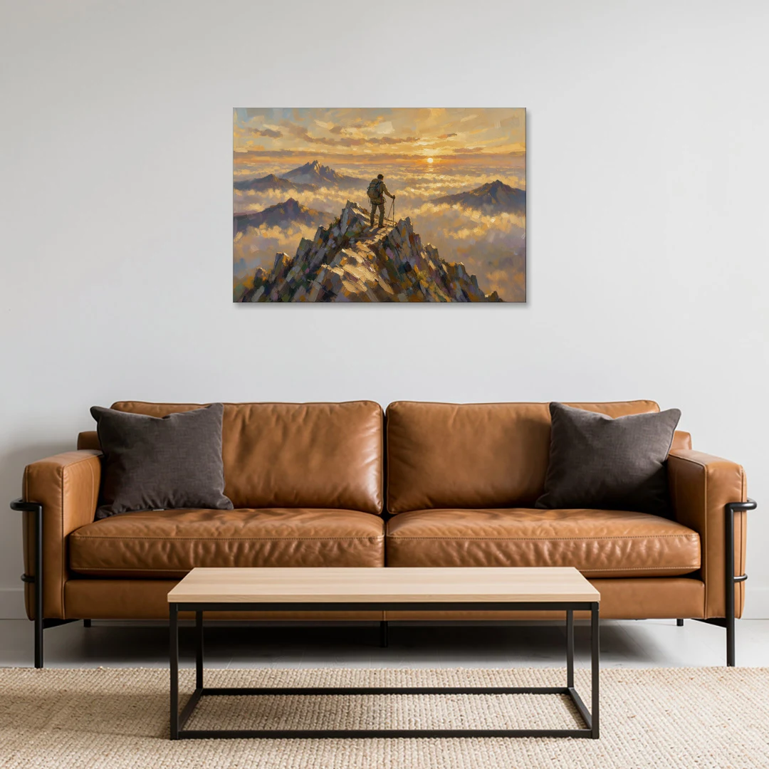 Motivational Wall Art of a Climber at Summit Dawn - Canvas Wall Art - Sofa - 36x24