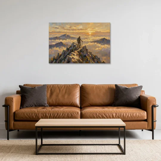 Motivational Wall Art of a Climber at Summit Dawn - Canvas Wall Art - Sofa - 36x24