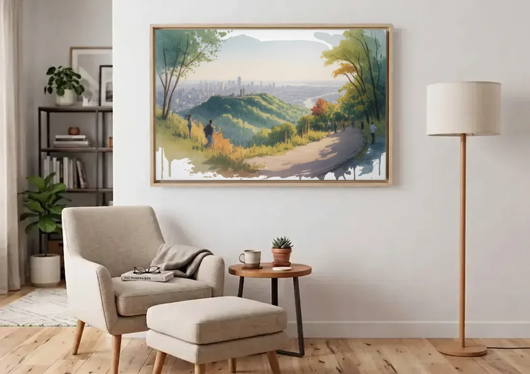 Mount Royal Lookout canvas wall art above an armchair in a bright living room