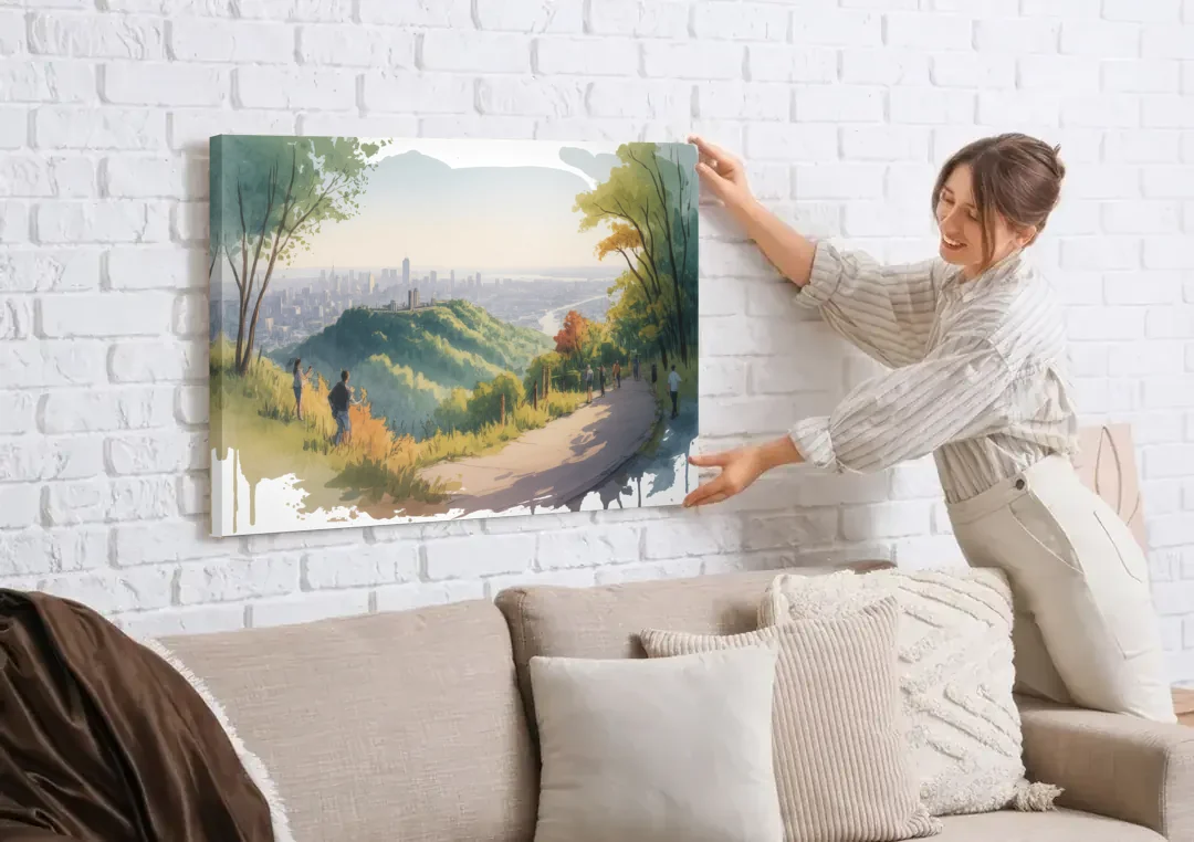 Mount Royal Lookout canvas wall art being hung on a white brick wall above a sofa
