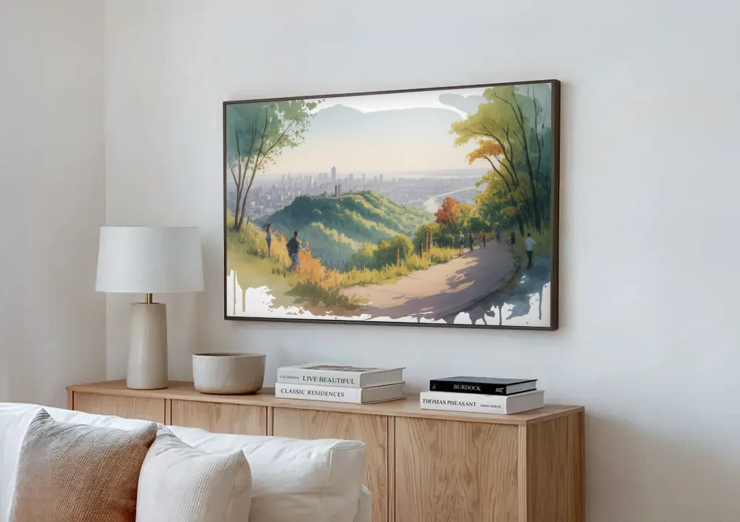 Mount Royal Lookout canvas wall art above a wooden sideboard next to a sofa
