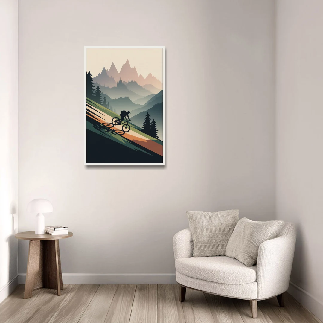 Mountain Biking Trails - White Framed Canvas Wall Art - Sofa - 24x36