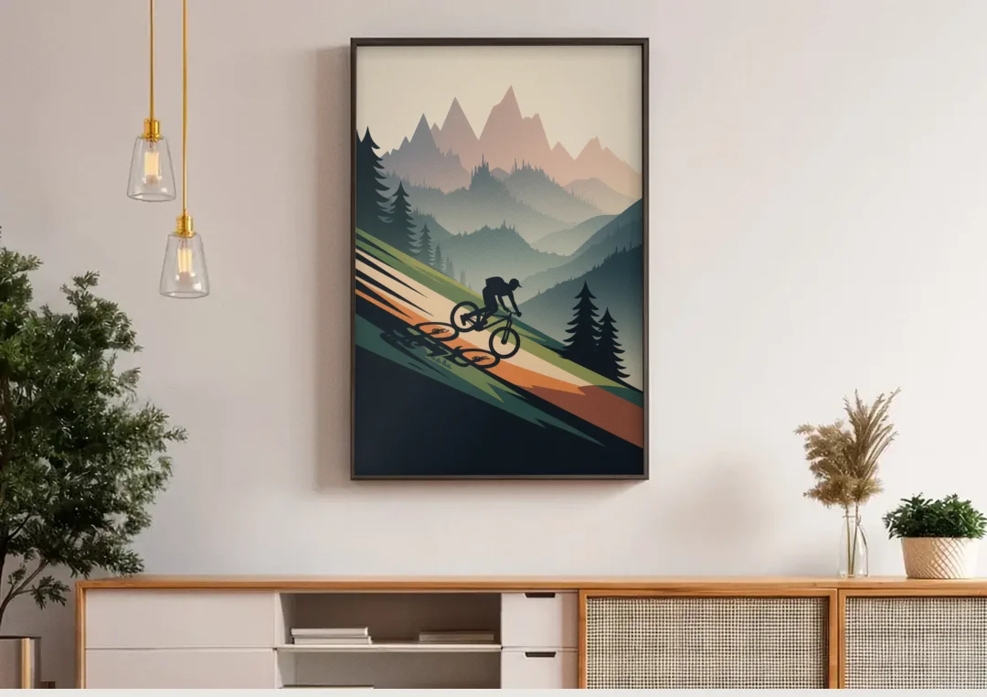 Mountain Biking Trails canvas wall art above a wooden sideboard under pendant lights