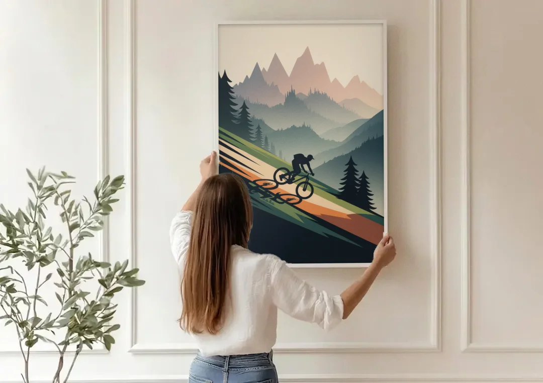 Mountain Biking Trails canvas wall art being hung on a paneled wall