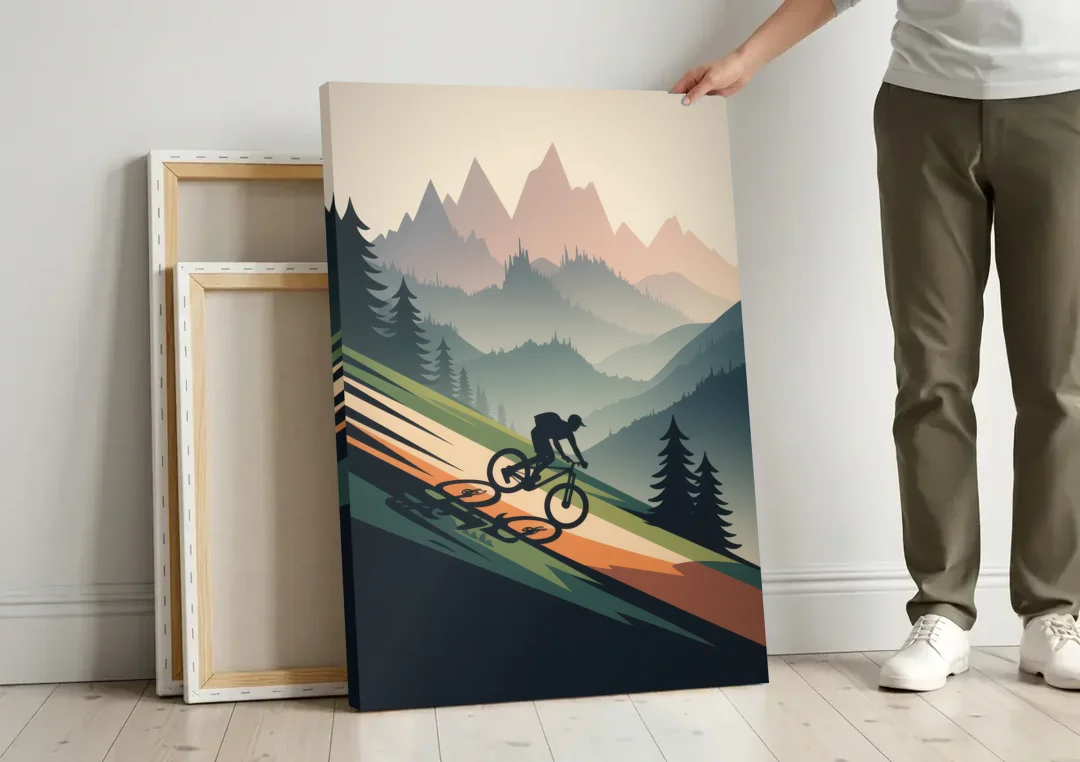 Mountain Biking Trails canvas wall art leaning against a wall next to blank canvases