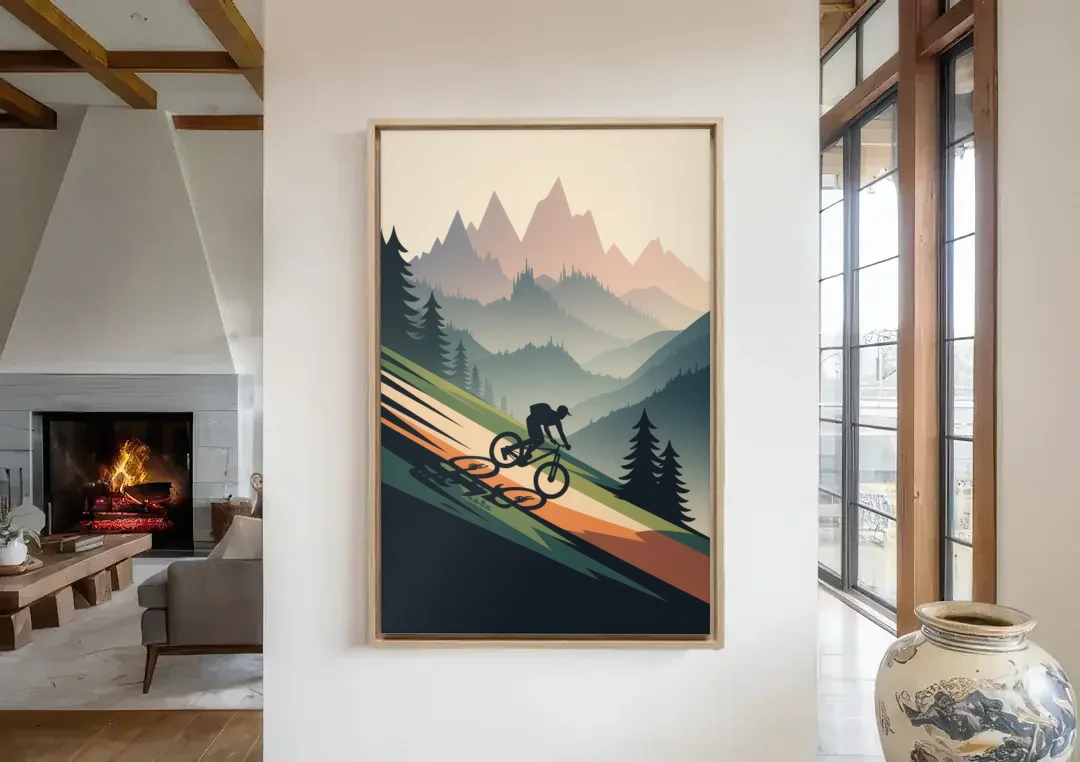 Mountain Biking Trails canvas wall art in a living room with a fireplace