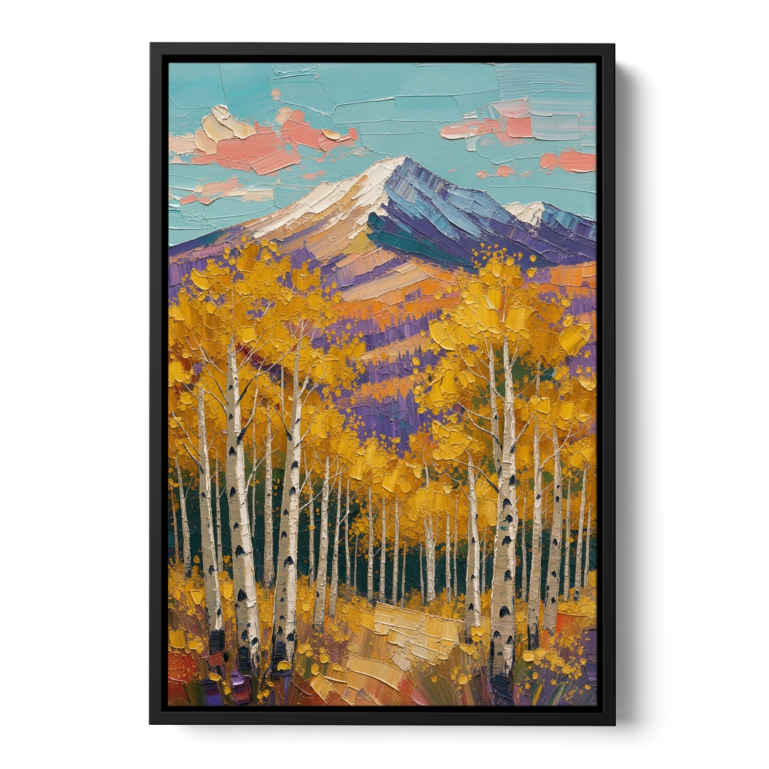 Rustic Mountain Cabin with Golden Aspens - Black Framed Canvas Wall Art - Front