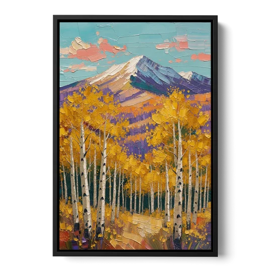 Rustic Mountain Cabin with Golden Aspens - Black Framed Canvas Wall Art - Front