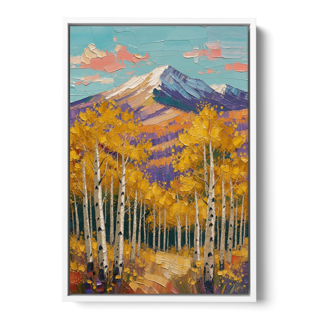 Rustic Mountain Cabin with Golden Aspens - White Framed Canvas Wall Art - Front