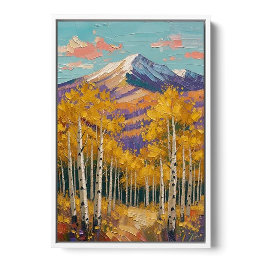 Rustic Mountain Cabin with Golden Aspens - White Framed Canvas Wall Art - Front