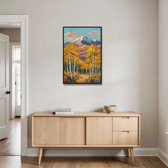 Rustic Mountain Cabin with Golden Aspens - Black Framed Canvas Wall Art - Coffee Table - 24x36