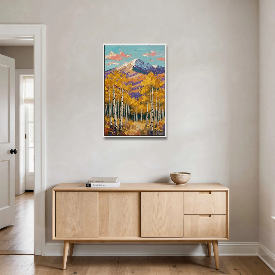 Rustic Mountain Cabin with Golden Aspens - White Framed Canvas Wall Art - Coffee Table - 24x36
