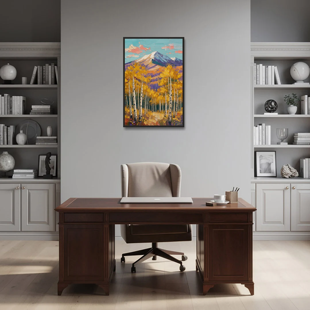 Rustic Mountain Cabin with Golden Aspens - Black Framed Canvas Wall Art - Office - 24x36