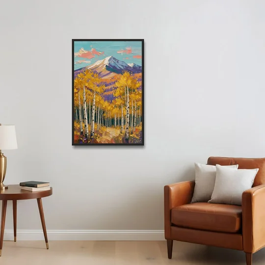 Rustic Mountain Cabin with Golden Aspens - Black Framed Canvas Wall Art - Sofa - 24x36