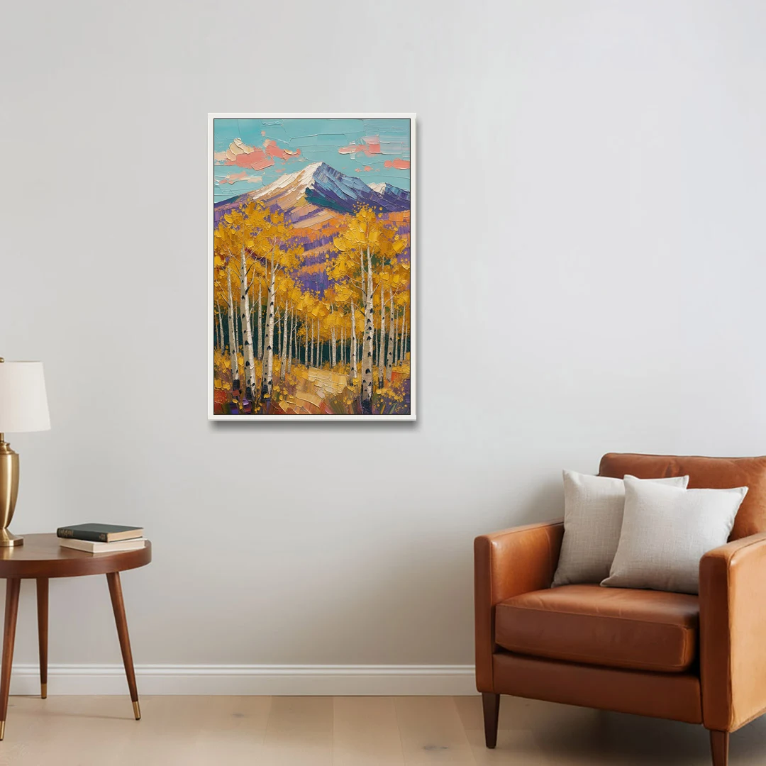 Rustic Mountain Cabin with Golden Aspens - White Framed Canvas Wall Art - Sofa - 24x36