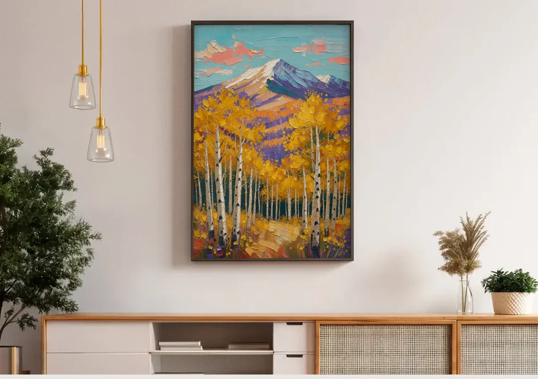 Rustic Mountain Cabin with Golden Aspens canvas wall art above a wooden sideboard under pendant lights