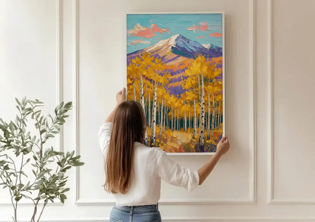 Rustic Mountain Cabin with Golden Aspens canvas wall art being hung on a paneled wall