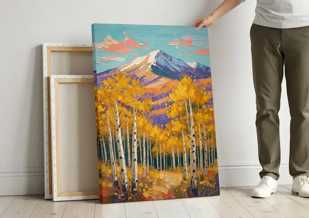 Rustic Mountain Cabin with Golden Aspens canvas wall art leaning against a wall next to blank canvases