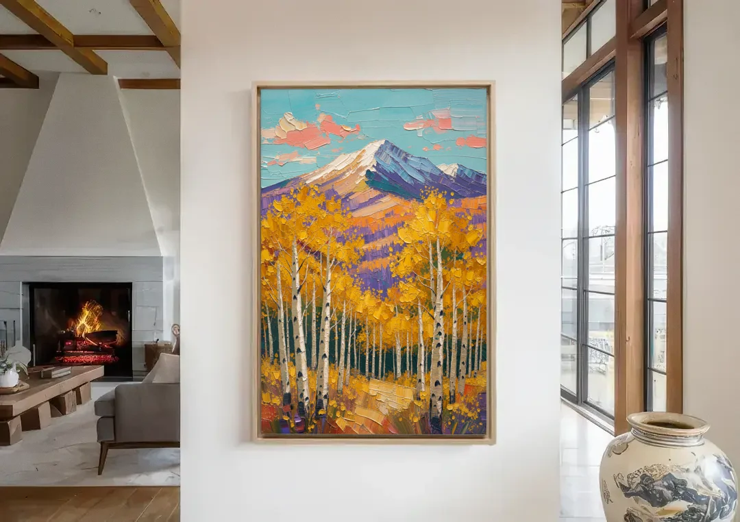 Rustic Mountain Cabin with Golden Aspens canvas wall art in a living room with a fireplace
