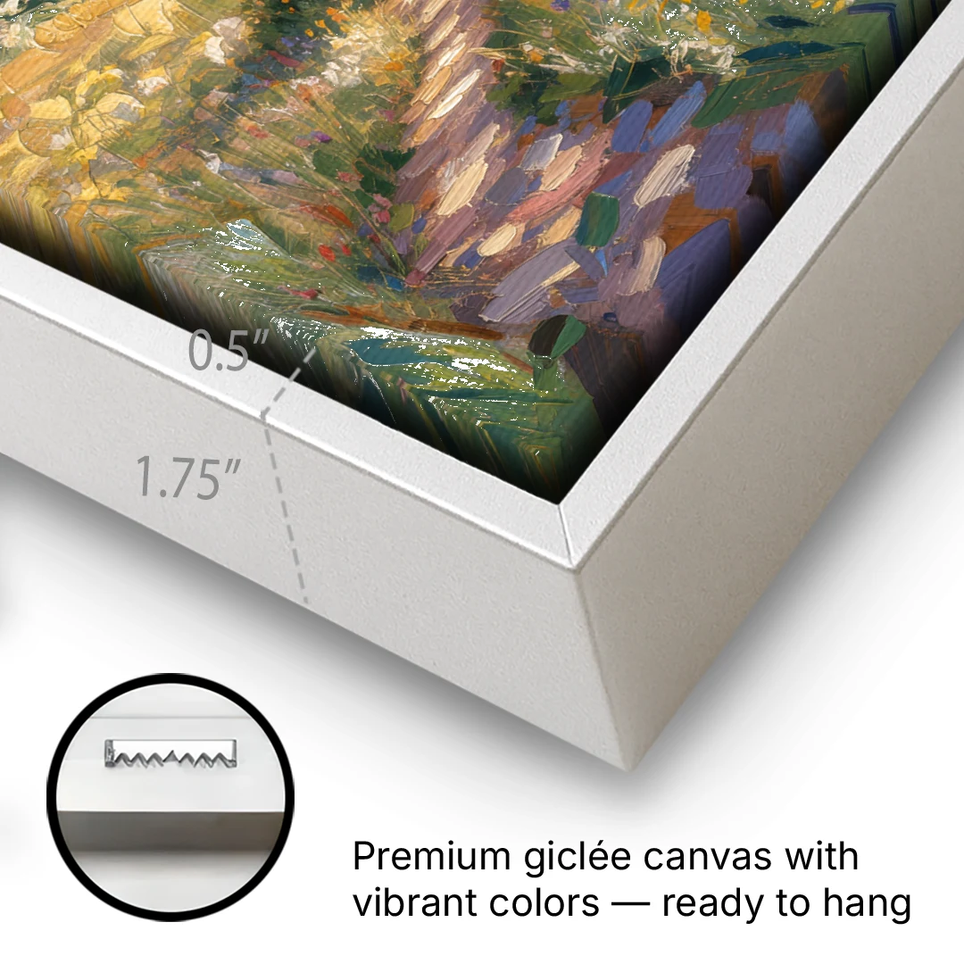 Mountain Cabin Painting with Chimney Smoke - White Framed Canvas Wall Art - Gallery Wrap Corner