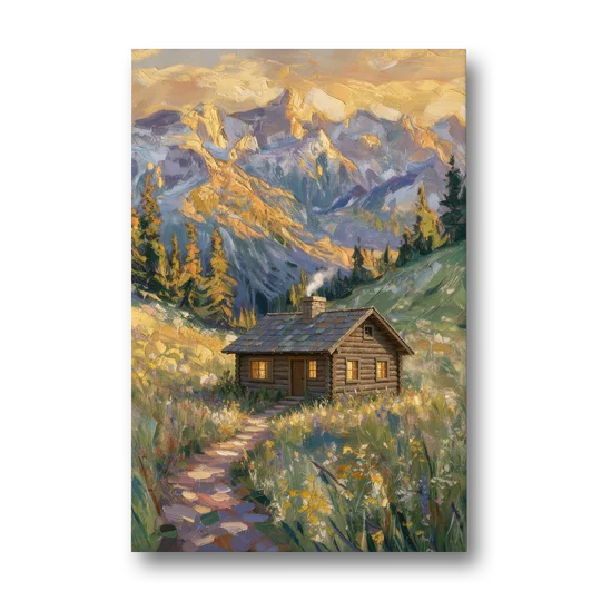 Mountain Cabin Painting with Chimney Smoke - Canvas Wall Art - Front
