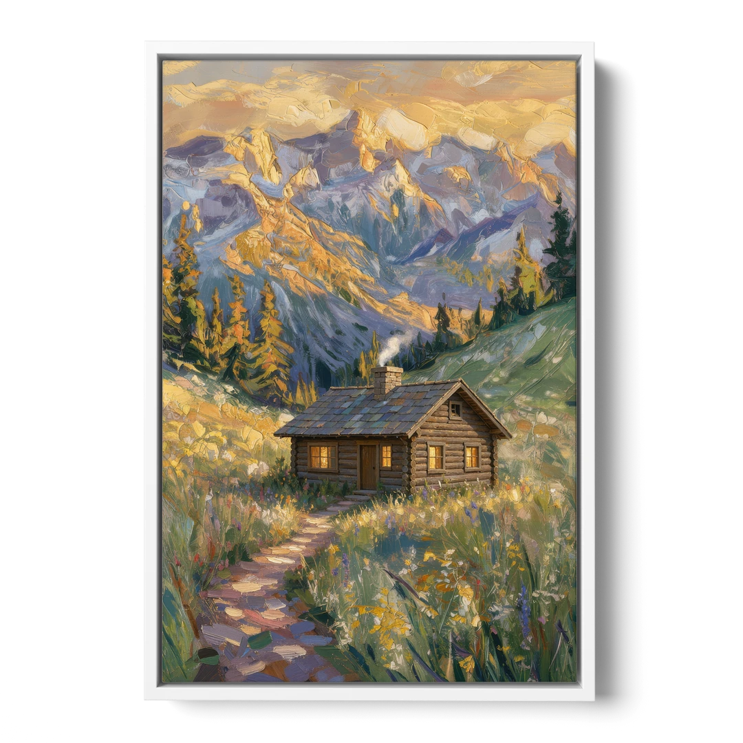 Mountain Cabin Painting with Chimney Smoke - White Framed Canvas Wall Art - Front