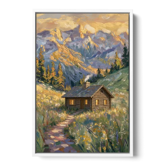 Mountain Cabin Painting with Chimney Smoke - White Framed Canvas Wall Art - Front