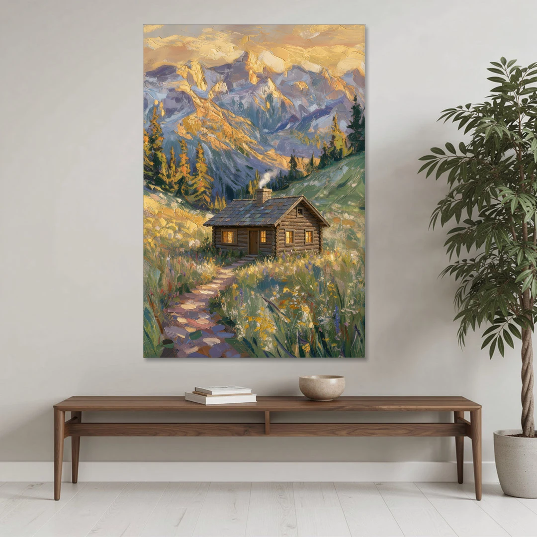 Mountain Cabin Painting with Chimney Smoke - Canvas Wall Art - Coffee Table - 40x60