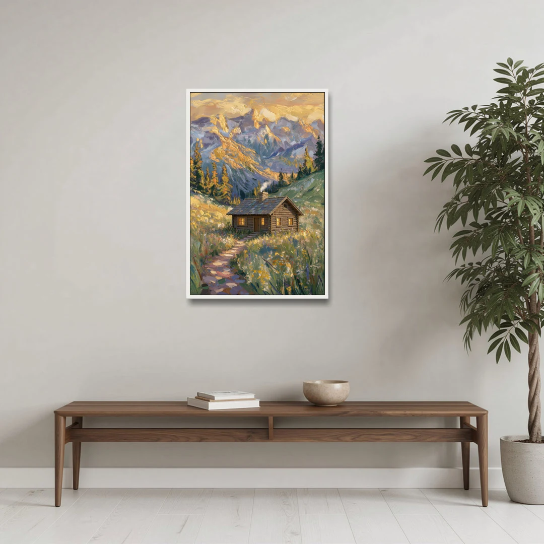 Mountain Cabin Painting with Chimney Smoke - White Framed Canvas Wall Art - Coffee Table - 24x36
