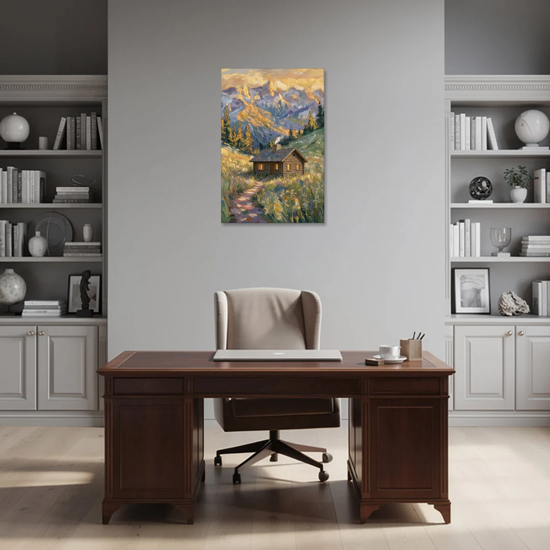 Mountain Cabin Painting with Chimney Smoke - Canvas Wall Art - Office - 24x36