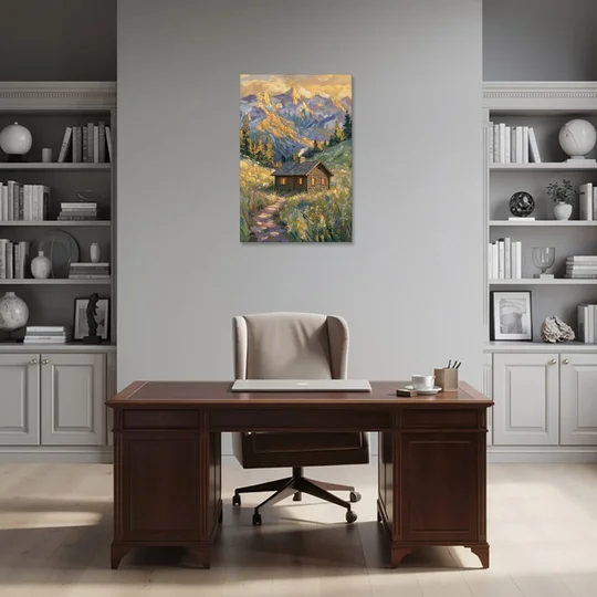 Mountain Cabin Painting with Chimney Smoke - Canvas Wall Art - Office - 24x36