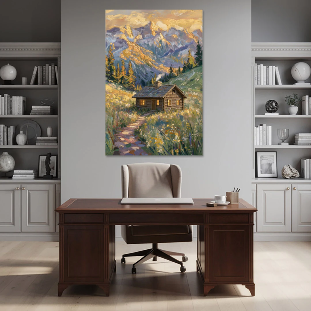 Mountain Cabin Painting with Chimney Smoke - Canvas Wall Art - Office - 40x60